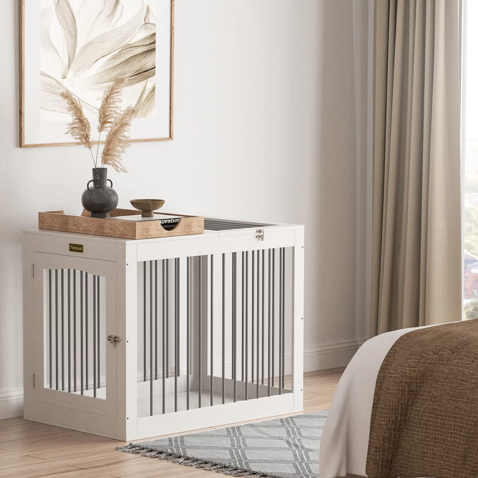 Furniture Style Dog Crate, Wooden Dog Kennels with Double Doors, Modern Decorative Dog Crates for Medium Large Dogs, Dog Cage Indoor, White
