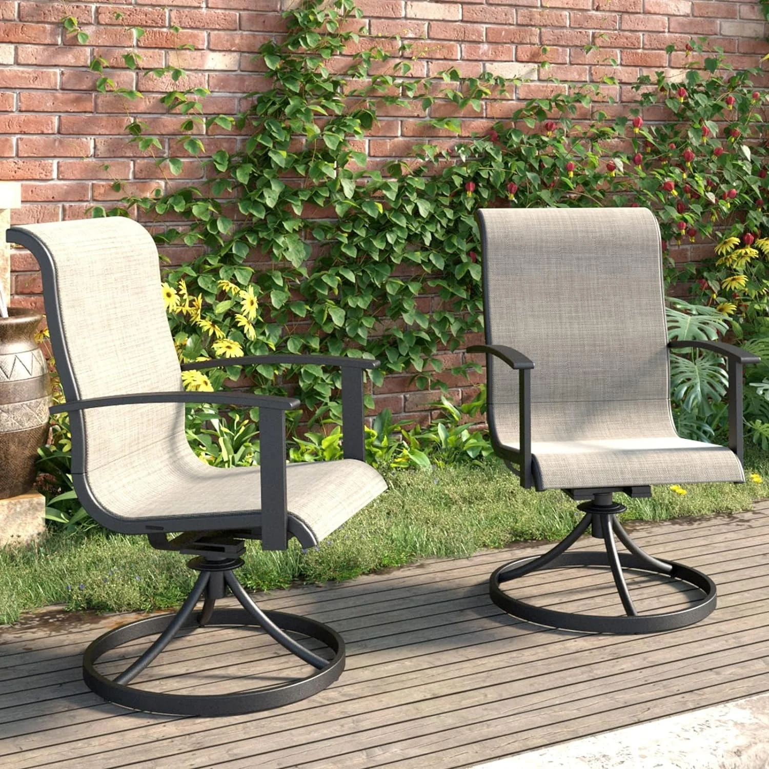 Grand Patio Outdoor Patio Swivel Chairs Set of 2 Dining Chairs, All-weather Sling Patio Rocking Chairs with Metal Frame, Mixed Coffee