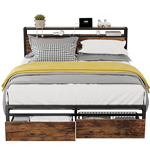 LIKIMIO King Bed Frame with Storage Headboard, Platform Bed with Drawers and Charging Station, No Box Spring Needed, Easy Assembly, Vintage Brown