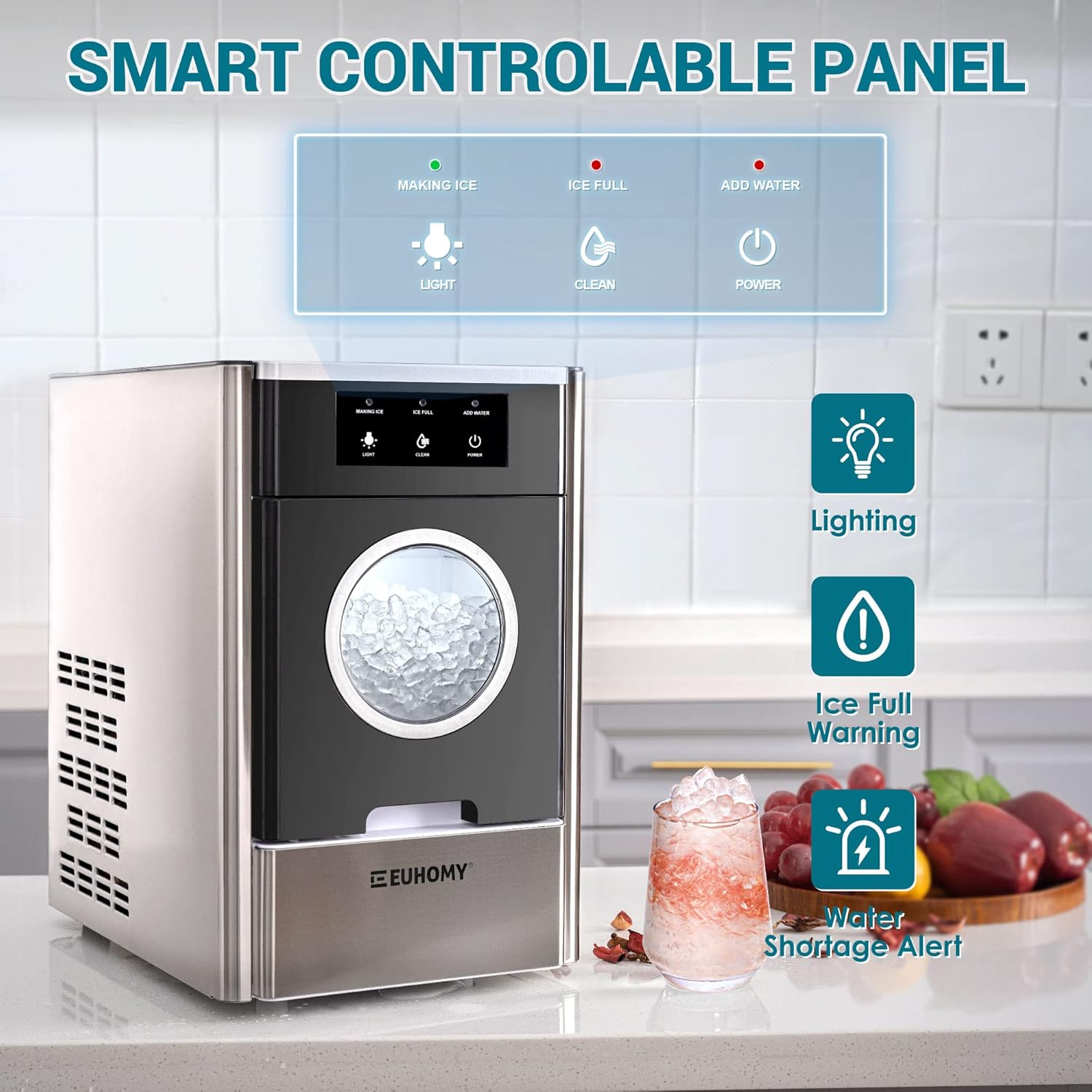 EUHOMY Nugget Ice Maker Countertop, Max 33lbs/24H, 2 Ways Water Refill, LED Light, Self-Cleaning Pebble Ice Maker with Basket and Scoop