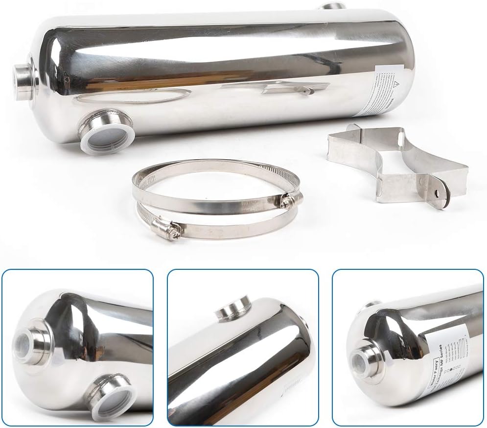 Pool Heat Exchanger Stainless Steel Shell and Tube Heat Exchanger Same Side Ports 1"+ 1 1/2" FPT (200KBTU) for Swimming Pools Spas Hot Tubs Hydraulic