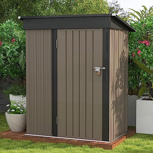 Patiowell 5x3 FT Outdoor Storage Shed, Tool Shed with Sloping Roof and Lockable Door, Metal Shed for Backyard Garden Patio Lawn, Brown