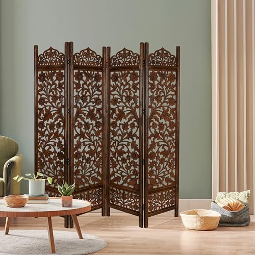 Lightnpro Wooden Room Divider - Handmade Foldable Partition Screen with Intricate Oval Carved Design Hinged