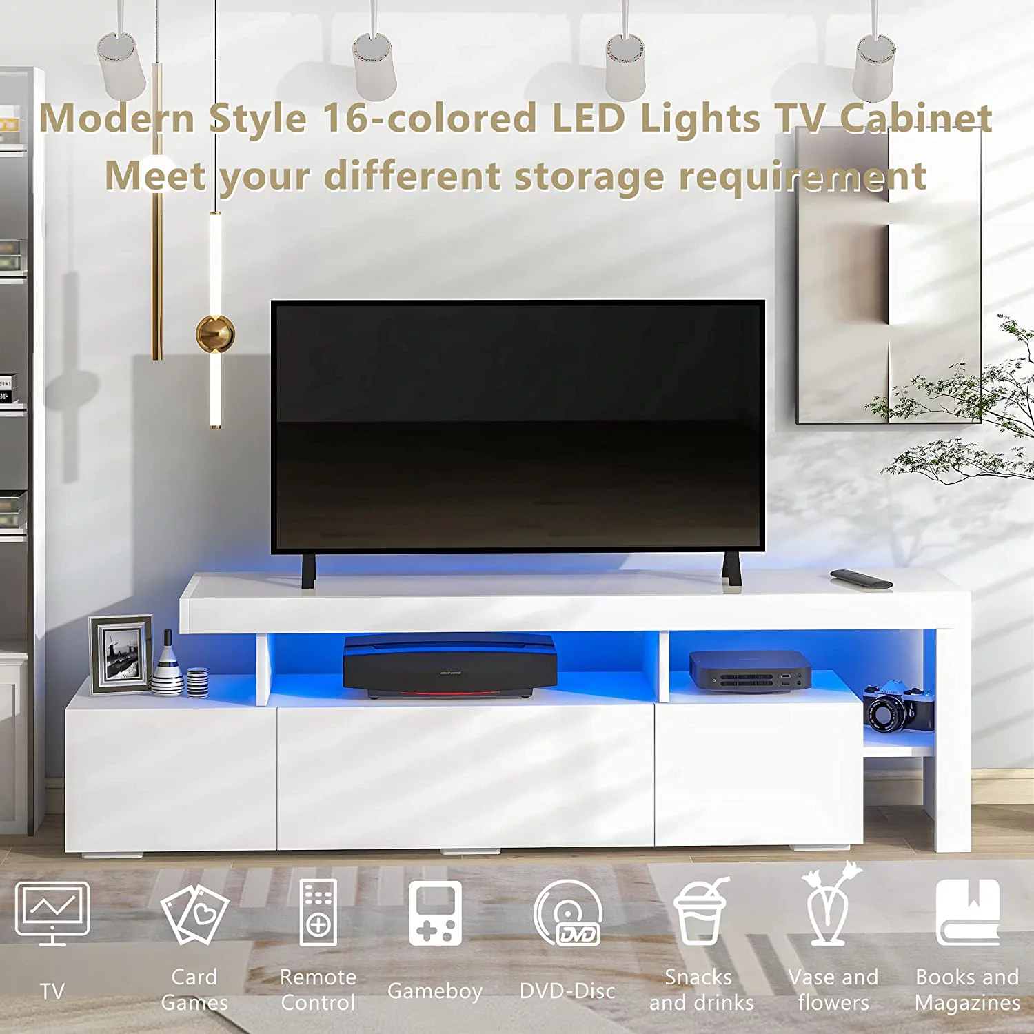 High Gloss LED TV Stand With 16 Colors LED Lights, For Tvs Up To 70 Inches