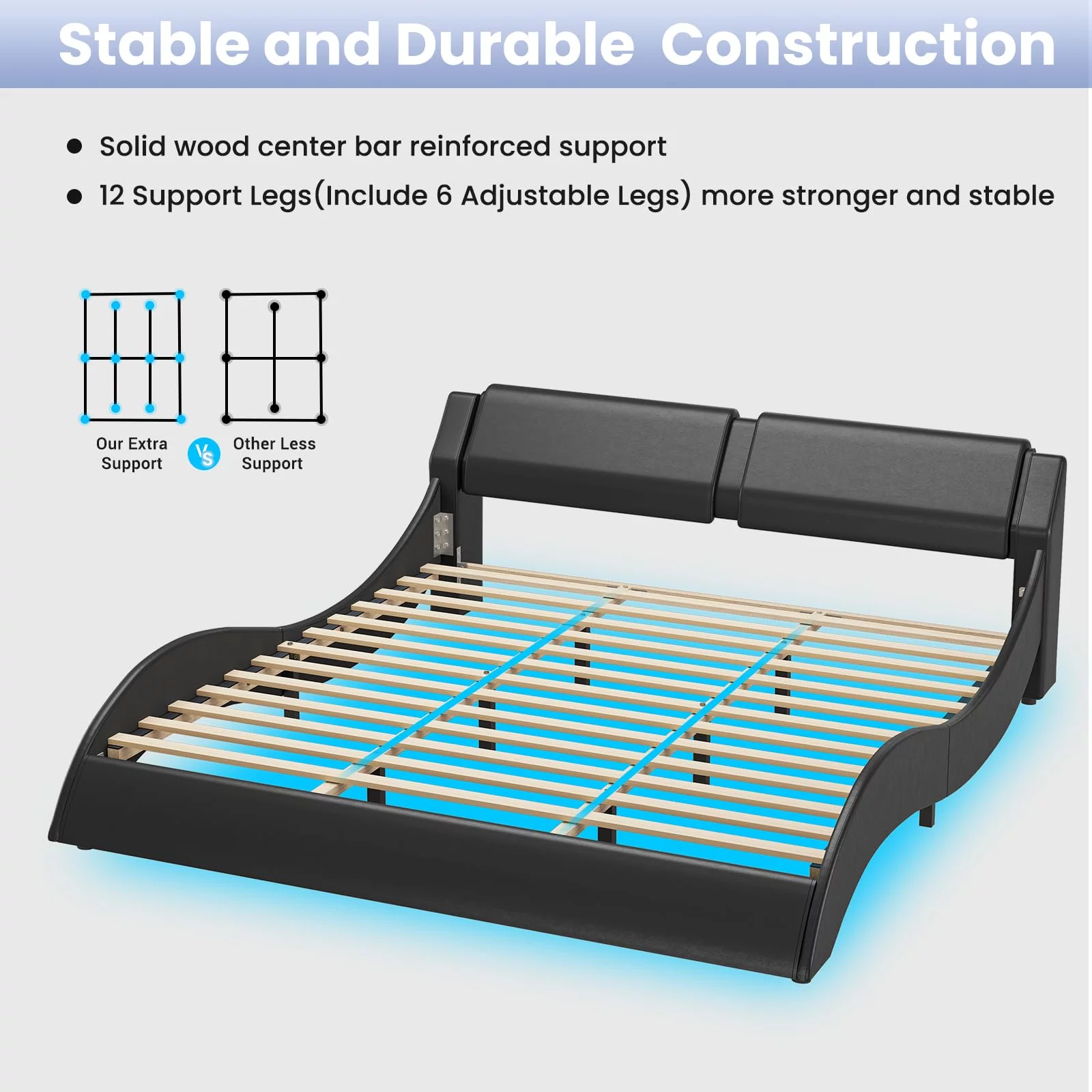 King Size Bed Frame with Headboard,Faux Leather Low Profile Platform Bed Frame with RGB LED Lights,Wave Like Curve King Bed,Black