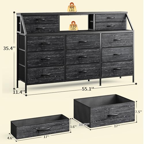 55" W Dresser for Bedroom, Dressers & Chests of Drawers with 13 Fabric Drawers and 2 Open Shelves, Long Vanity Dressers for Bedroom & Closet