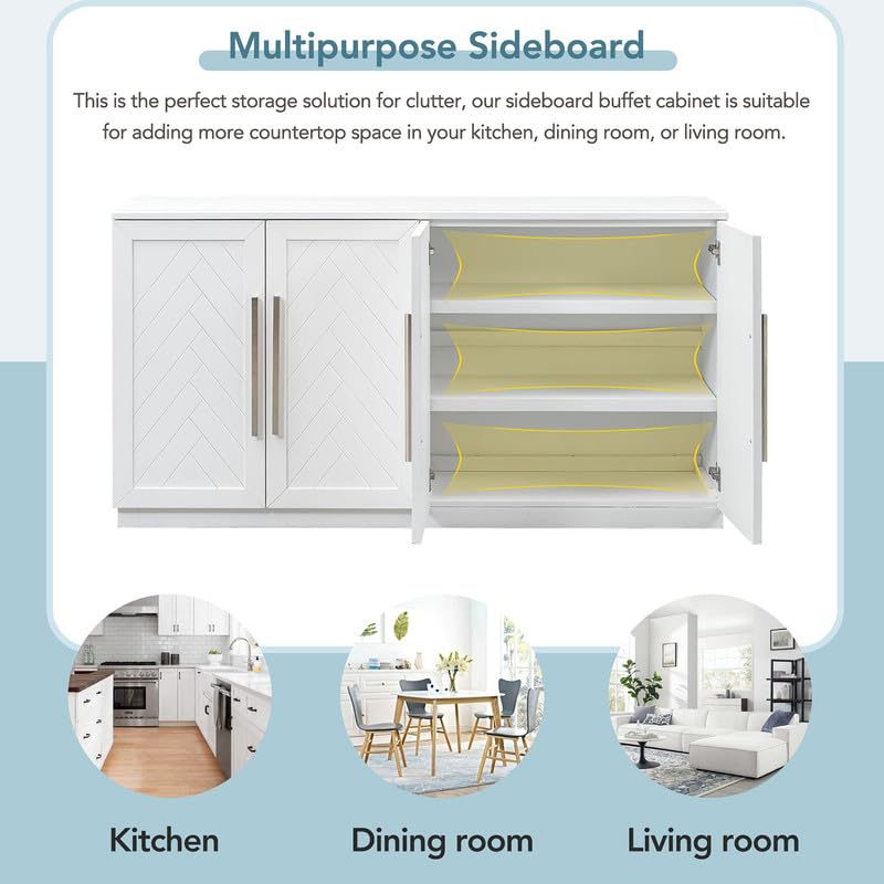 Sideboard Buffet Cabinet, Large Storage Cabinet with 4 Doors and Adjustable Shelves, Console Table with Silver Handles