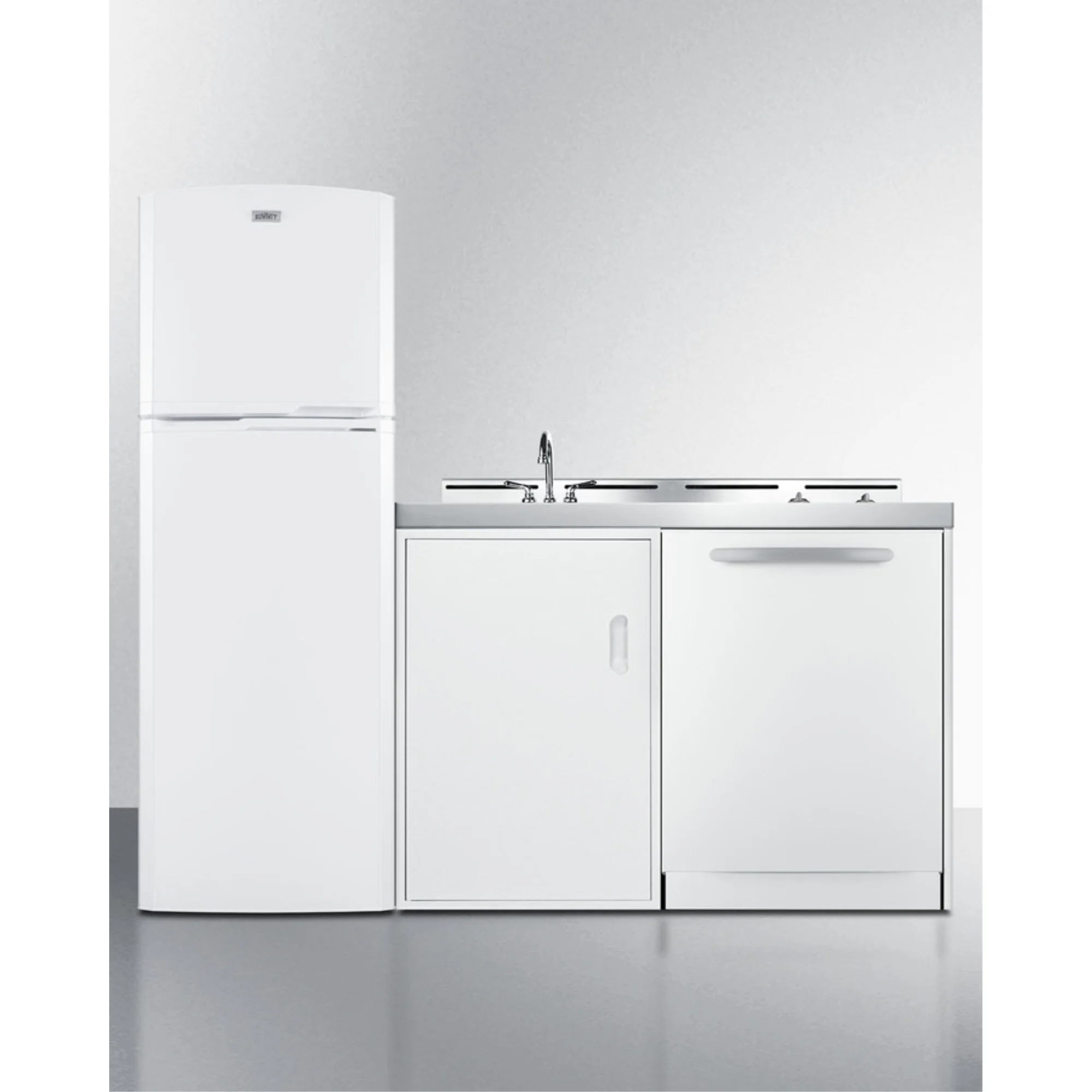 All-in-one combination kitchenette with full-sized refrigerator-freezer, dishwasher, sink, storage cabinet, and 2-burner glass cooktop