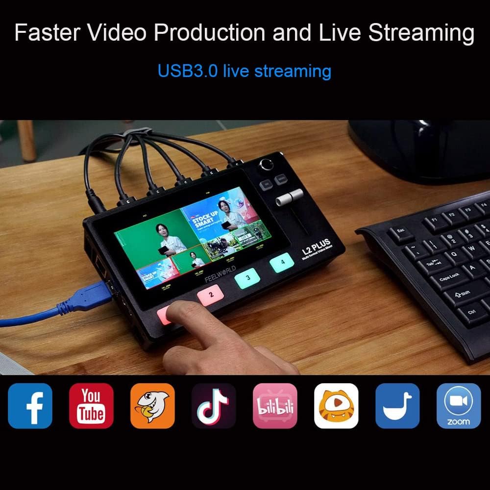 FEELWORLD L2 Plus 5.5 inch Camera Video Mixer Switcher PTZ Controller Chroma Key 4 x HDMI Inputs USB 3.0 Output Format for Live Streaming Built-in