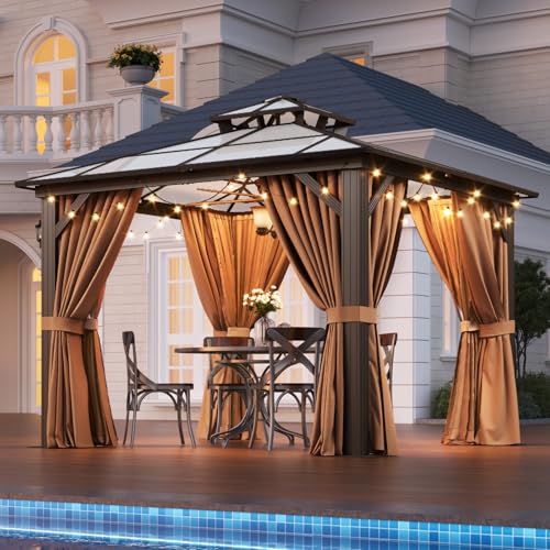 Aoxun 12'x16' Hardtop Gazebo, Aluminum Frame Permanent Pavilion with Netting and Curtains, Outdoor Polycarbonate Double Roof Canopy