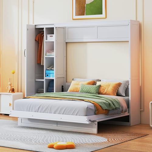 Queen Size Murphy Bed Wall Bed with Desk and Closet,Drawers and Shelves,for Small Spaces Studio Study Office Guest Room Use (Gray#Desk, Queen)