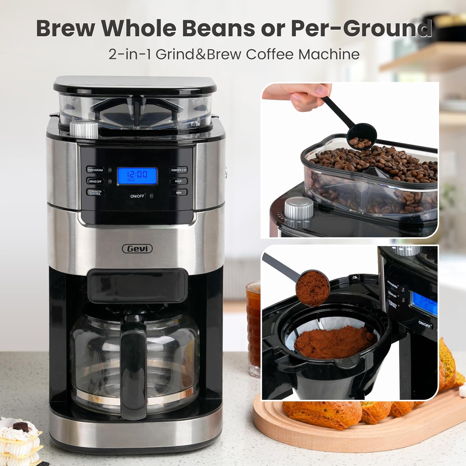 Gevi 10-Cup Drip Coffee Maker with Built-in Grinder, Programmable Brew Coffee Machine with Timer, Reusable Filter, 1.5L Water Tank, Coffee Pot