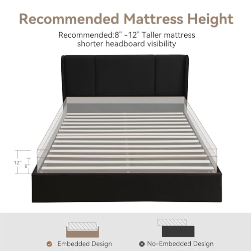 VELOCAVA Queen Size Lift Up Storage Bed with Modern Wingback Headboard, Upholstered Platform Bed with Fabric with Hydraulic Support Bars