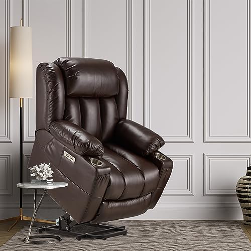 Large Power Lift Recliner Chair Genuine Leather for Elderly with Massage and Heating Function, Lazy Boy Convertible Chair with Cup Holders, USB Ports