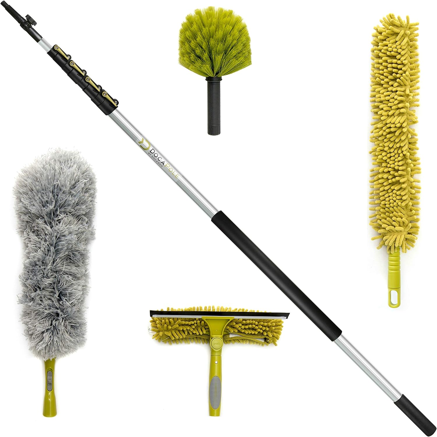 DocaPole 30 ft Reach Cleaning Kit with 6-24 Foot Telescoping Extension Pole, 3 Dusting Attachments 1 Window Squeegee & Washer, Cobweb Duster