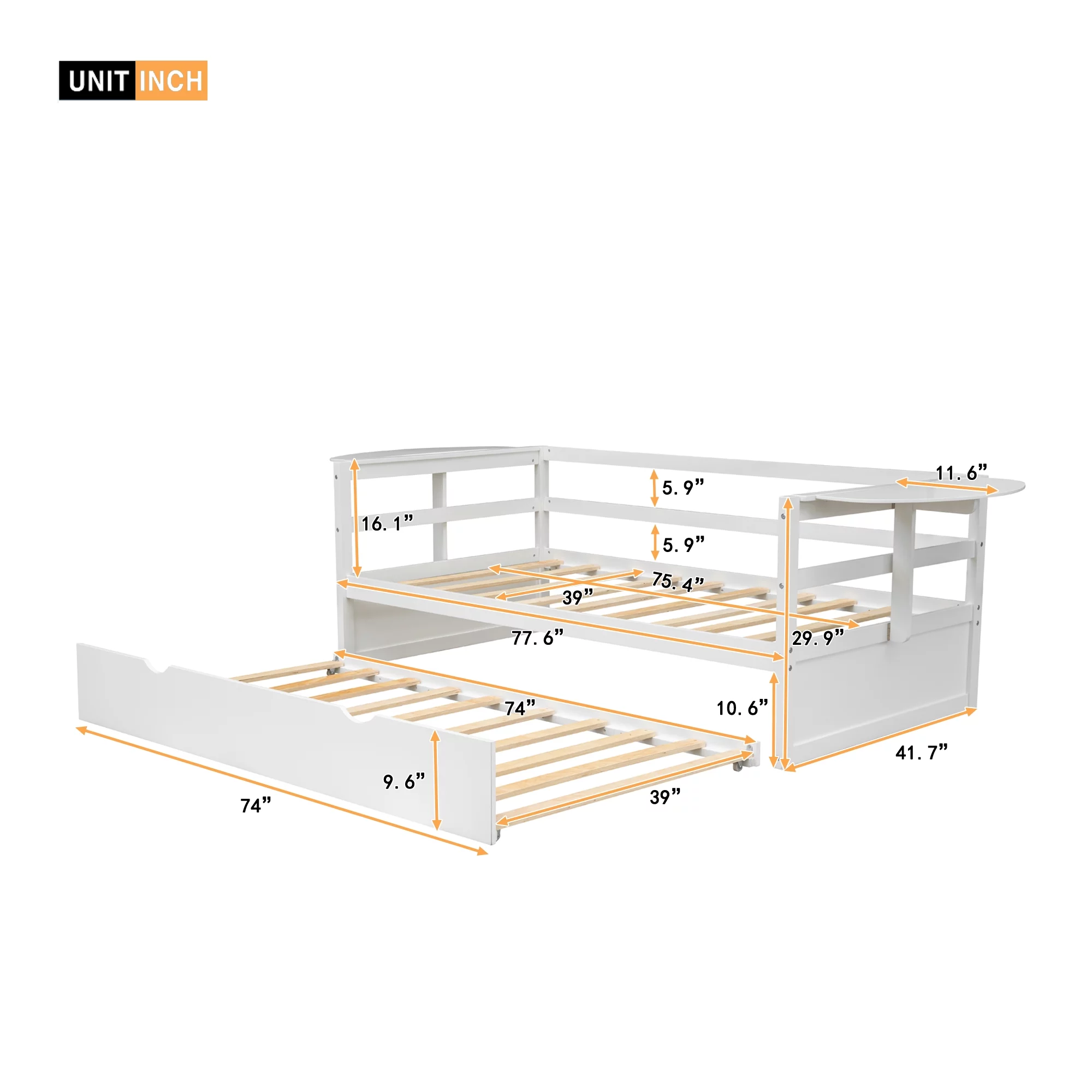 Euroco Pine Wood Twin Size Daybed with Trundle and Foldable Tables, White