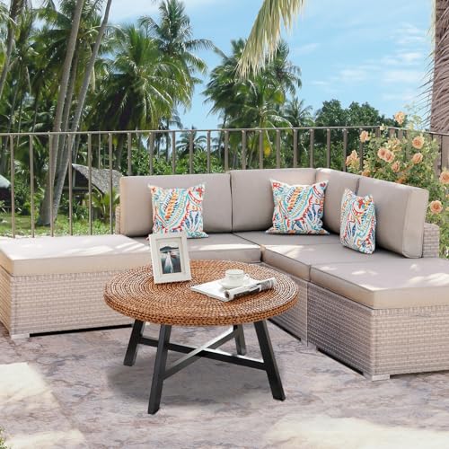 RANDEFURN Coffee Table Round, Seagrass Coffee Tables,Pine Wood X Base Frame Cocktail Table, Easy Assembled, Multiple Sizes for Living Room