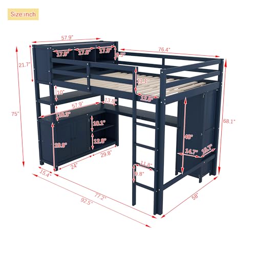 SOFTSEA Full Size Loft Bed with L Shaped Desk, Wood Loft Bed with Wardrobe, Storage Cabinet and Shelves