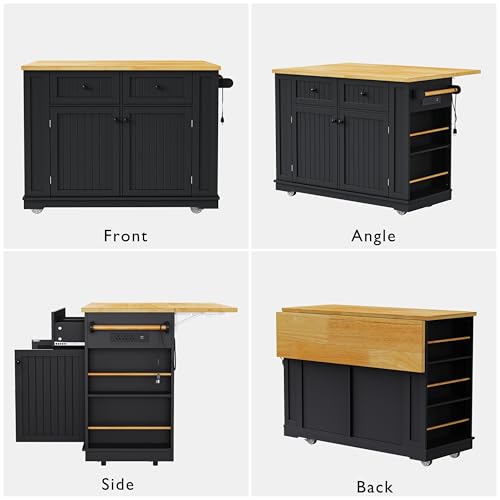Rolling Kitchen Island with Drop Leaf & Power Outlet, Large Kitchen Islands Cart on Wheels