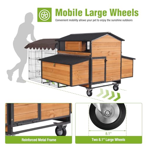 GUTINNEEN Mobile Chicken Coop Upgraded with All Arounded Metal Frame Large Hen House with Super Large Wheels for 6&ndash;8 Chickens, 6 Nesting Boxes