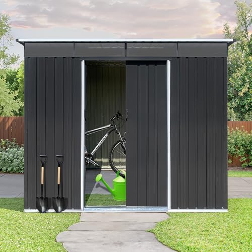 8x6 FT Outdoor Storage Shed, Metal Tool Shed with Lockable Doors, Peaked Roof & Frame Floor
