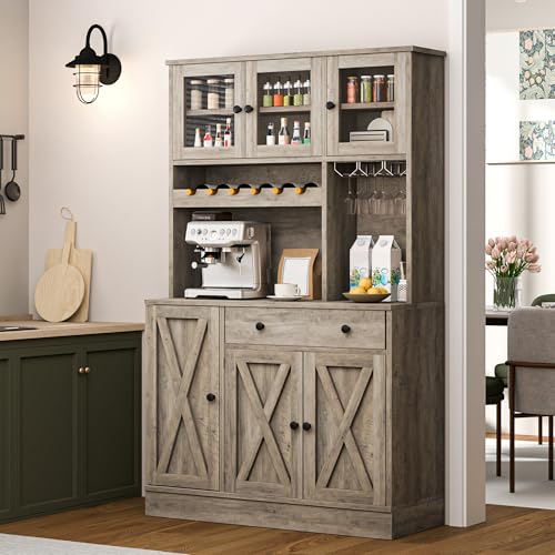 YITAHOME Kitchen Pantry Cabinet with Wine Rack & Power Outlet, 71" H Tall Storage Cabinet with Doors, Shelves, Drawer