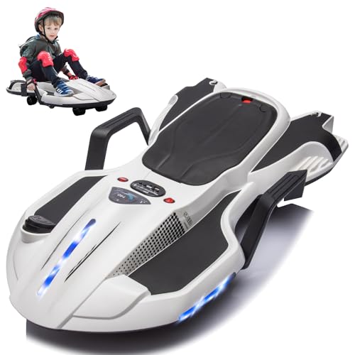 Dockey 24V Electric Ride On Toy for Kids Ages 6 & Up, High Power Drift Cart with Side Handlebars, Cool LED Lights & Music - Crazy Cart (White)