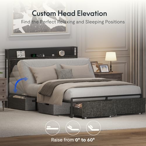FLEXISPOT Queen Adjustable Bed + 12-inch Cooling Gel Memory Foam Mattress, Storage Headboard, Charging Station, Head Incline, LED Lighting
