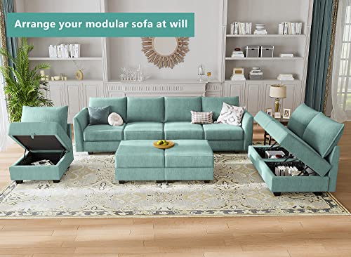 HONBAY Modular Sofa Sectional Sleeper Couch with Ottomans Reversible Sleeper Sectional Sofa Modular Couch with Storage, Aqua Blue