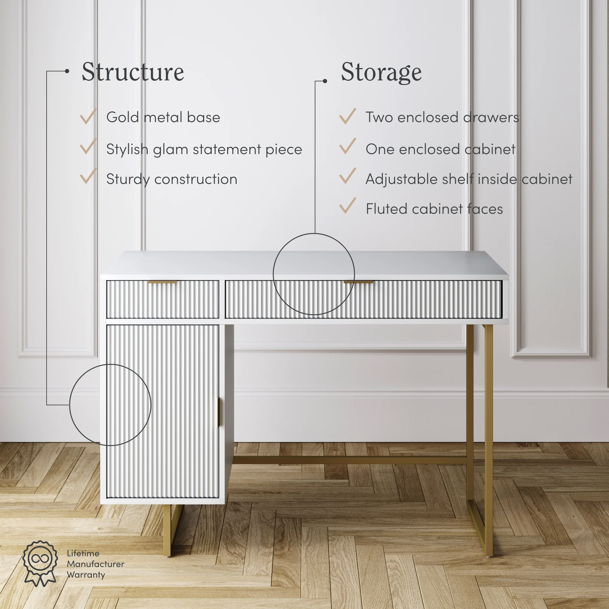 Nathan James Jacklyn White Modern Computer Desk, Workstation or Writing Desk for Small Spaces with Drawers and Cabinet Storage, White/Pale Gold