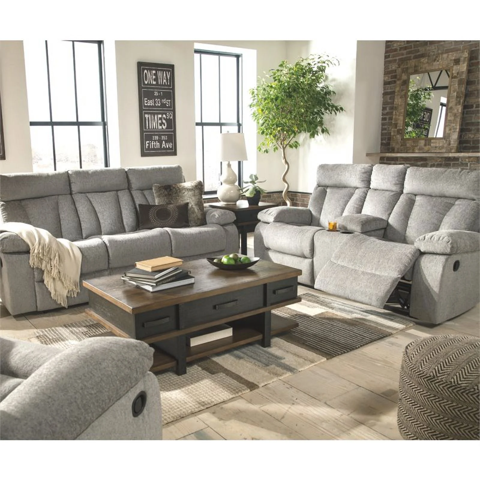 Bowery Hill Contemporary Reclining Loveseat with Console in Fog