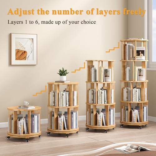6 Tier Rotating Bookshelf Tower Spinning Bookshelf with Swivel Wheels Book Shelf Rotating Storage Tower for Kids Adult Narrow Walnut Solid Wood