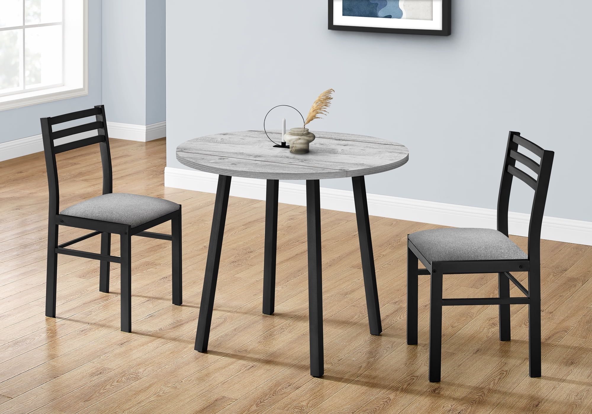 Gray Dining Table Set - 3pcs Set - Small - 35" Drop Leaf - Kitchen - Black Metal