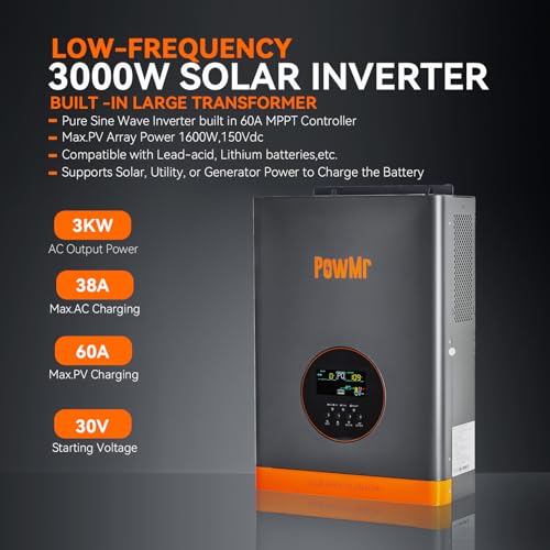 3000W Solar Inverter Pure Sine Wave, Peak 9000W, Low-Frequency Inverter Charger 24V to 110V Built-in 60A MPPT Controller