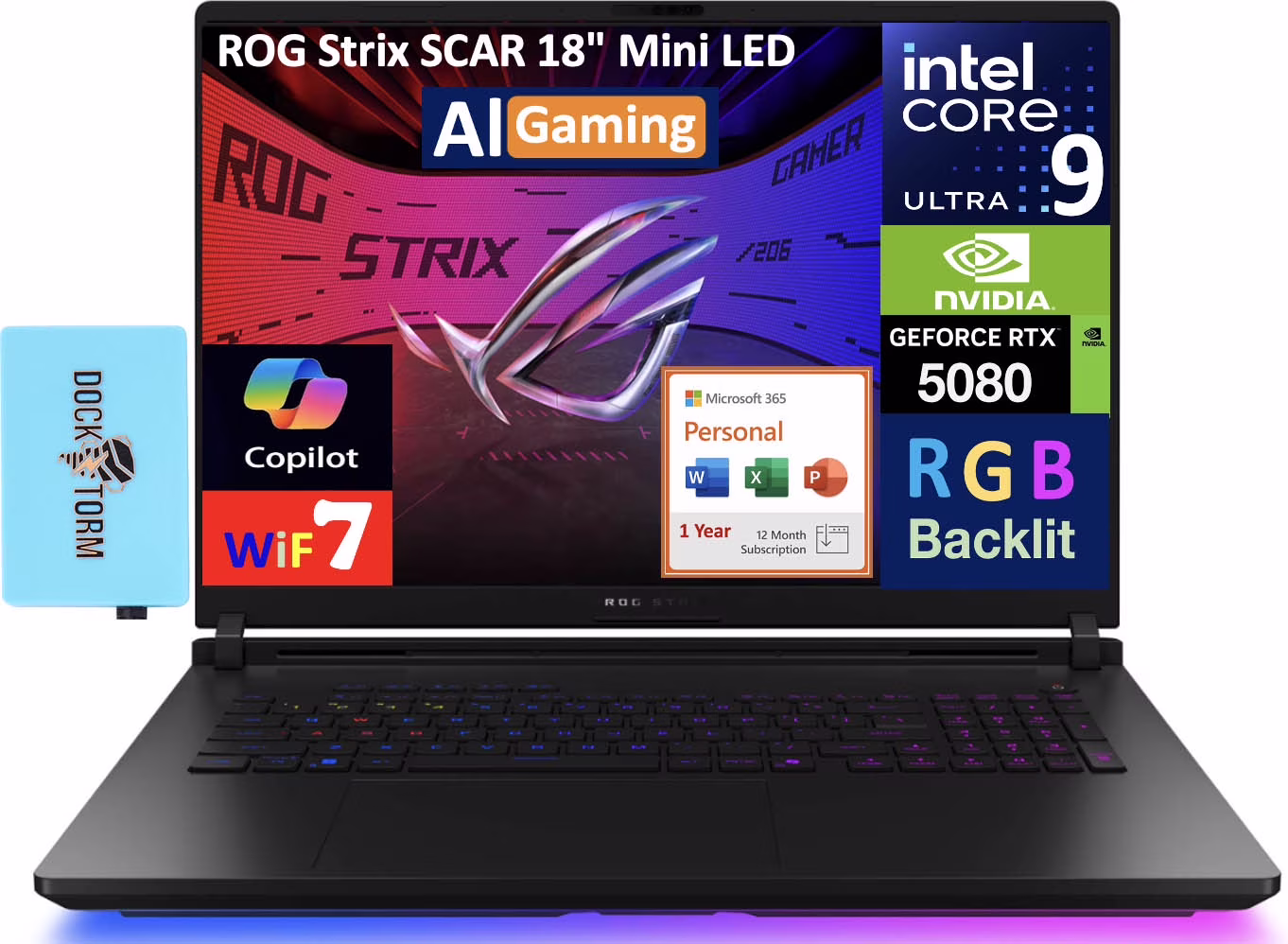ASUS ROG Strix SCAR AI Gaming Laptop 18in 240Hz Mini LED WQXGA Display (Intel Ultra 9- 275HX, NVIDIA GeForce RTX 5080 16GB, 64GB DDR5