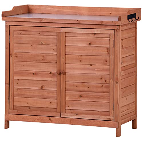 Merax 66" Large Outdoor Farmhouse Wooden Potting Bench Table, Garden Workstation with 2 Drawers, Cabinet, and Open Shelves for Backyard, Mudroom