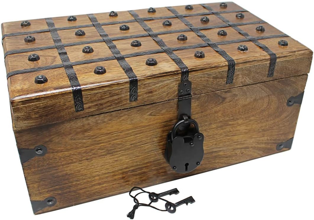 Nautical Cove Treasure Chest Wooden Box with Antique Iron Lock and Skeleton Key - Storage and Decor (Medium 12.25 x 6 x 5.5)
