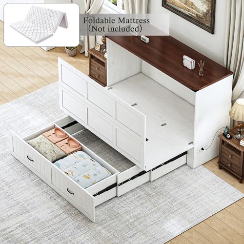 Full Murphy Bed with Storage & Charging Station, Farmhouse Murphy Cabinet Bed with Large Drawer, Hideaway Foldable Platform Bed for for Guest Room