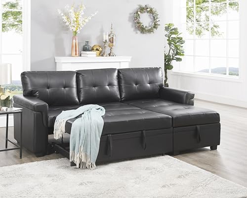 Naomi Home Jenny Sectional Sofa Sleeper with Storage Chaise, Tufted Pull Out Couch with Storage, L-Shaped Reversible Sleeper Sofa with Storage, Black