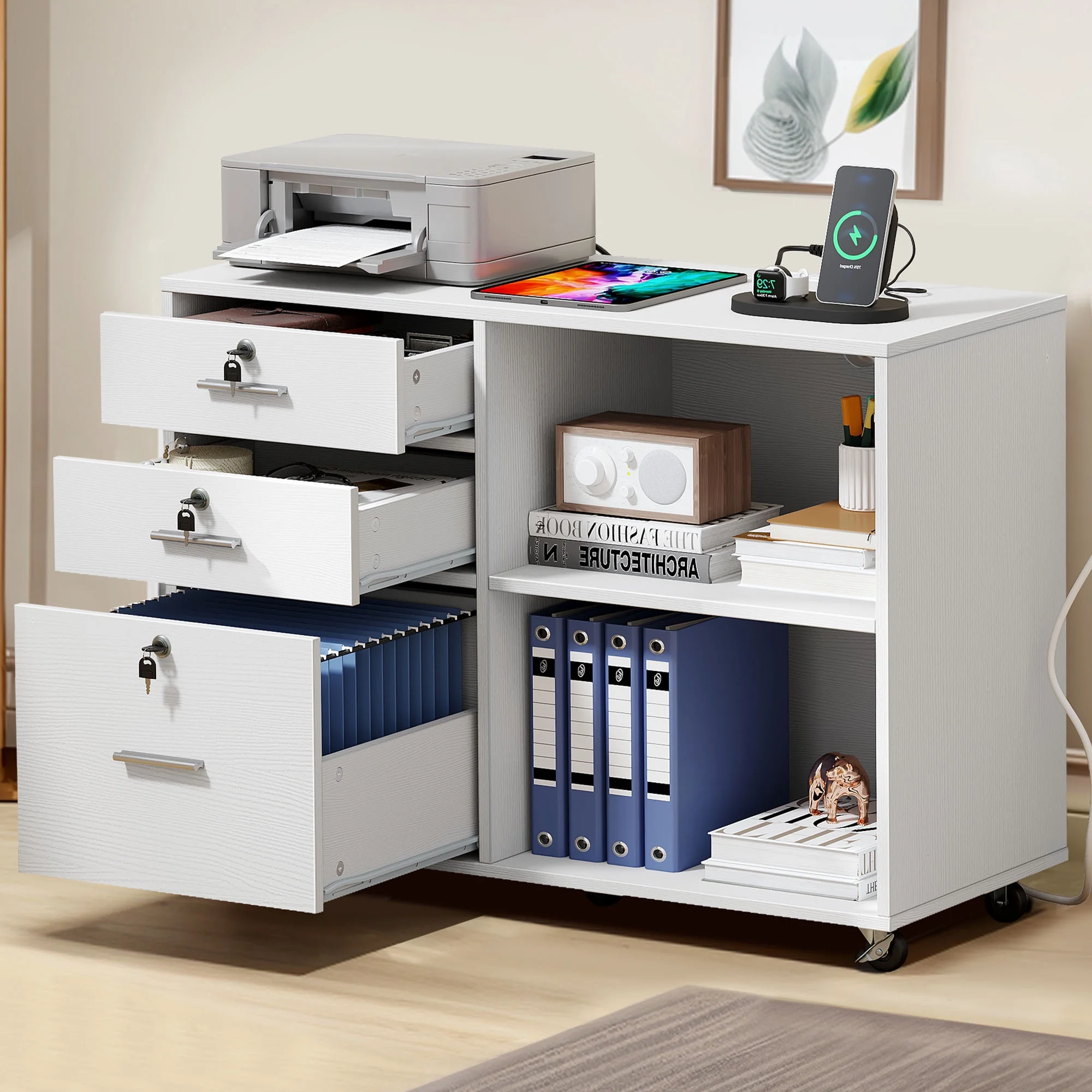 Dextrus 3 Drawer File Cabinet with Charging Station