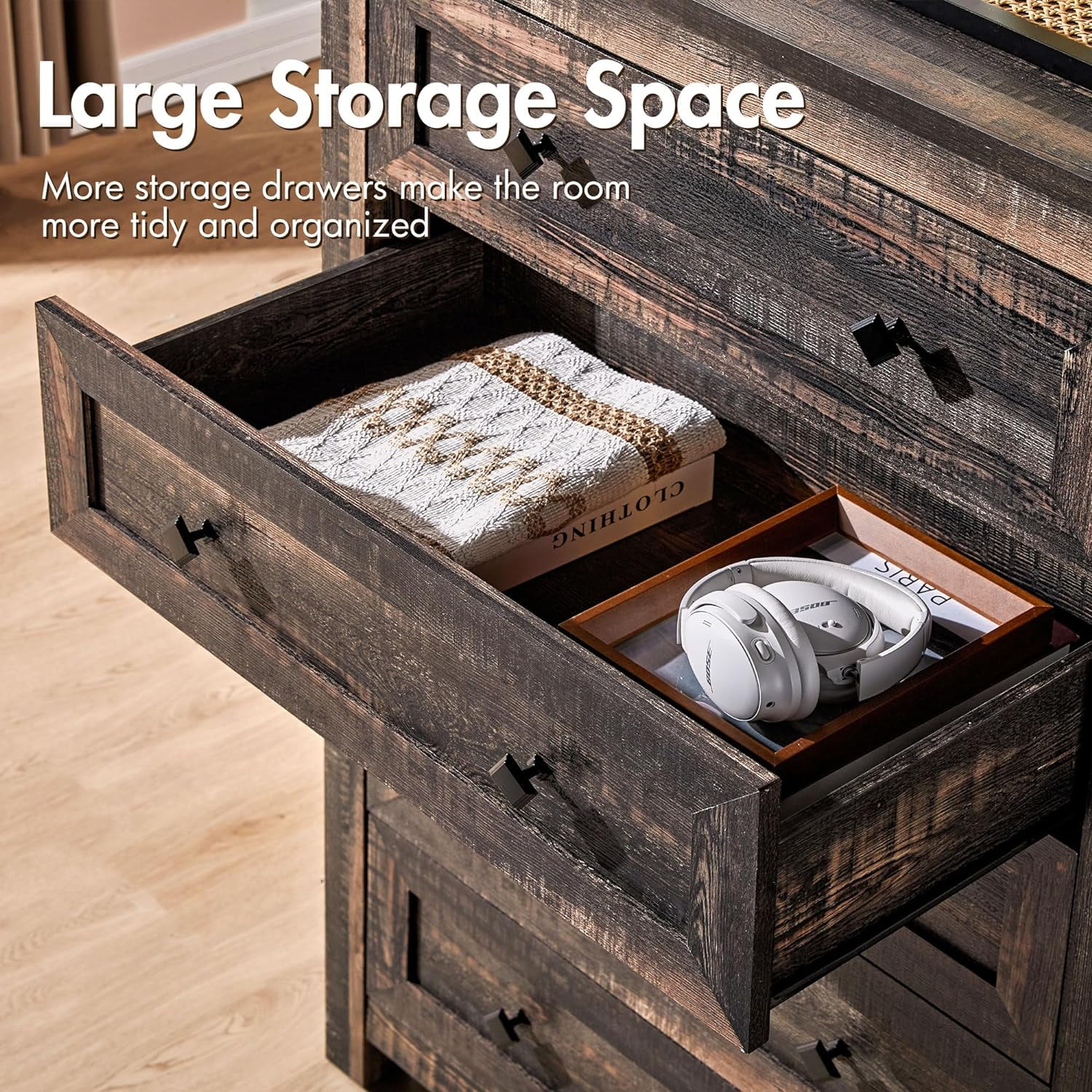 Amerlife 5 Drawers Dresser for Bedroom, Wood Tall Dresser with Vintage Gain for Adult, Dark Oak