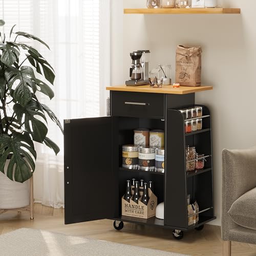 Shintenchi Rolling Kitchen Island Cart with Folding Drop Leaf Breakfast Bar, Portable Trolley Island with Large Storage Cabinet, Shelf and Drawer