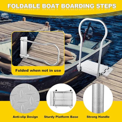 Folding Boat Boarding Platform with Handrail 500LBs Load Dock Step Dock Extension Ramp to Step Up Down Non-Slip Heavy Duty Steel rustproof with