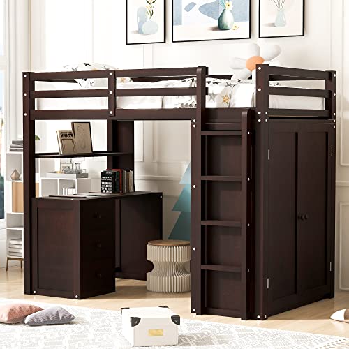Harper & Bright Designs Full Size Loft Bed with Desk and Wardrobe, Solid Wood Loft Bed Frame with Storage Drawers, for Kids Teens Adults (White)