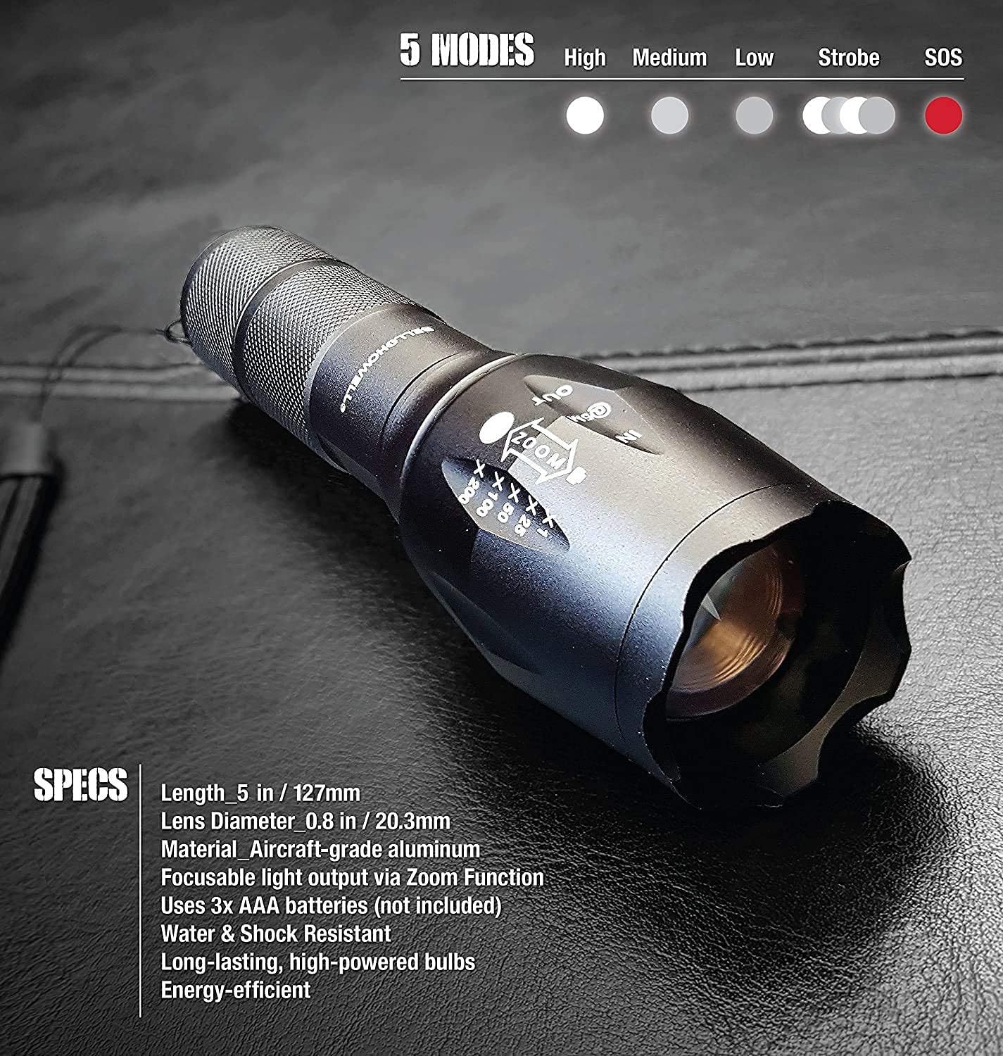 Taclight Flashlight by Bell+Howell High Lumens LED Tactical Flashlight 5 Modes & Zoom Function 40X Brighter Water Proof Handheld FlashLight For