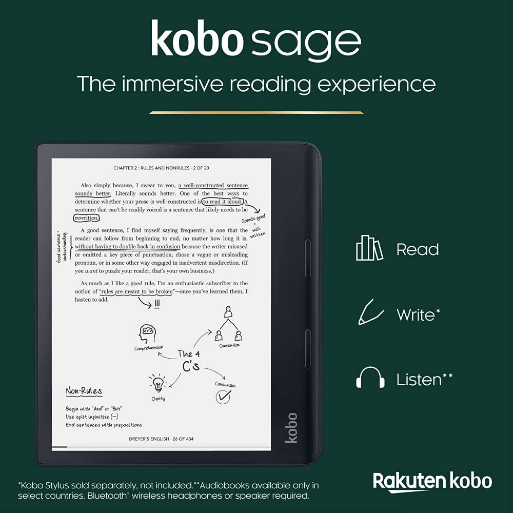 Kobo Sage | eReader | 8�?HD Glare Free Touchscreen | Waterproof | Adjustable Brightness and Color Temperature | Blue Light Reduction | Bluetooth |