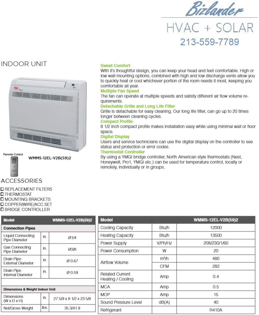 Ductless mini split air Conditioner Heat Pump YMGI 24000 BTU 2 Zone 12000+12000 Floor Mount system with 25 Ft Line set for Home, Residential