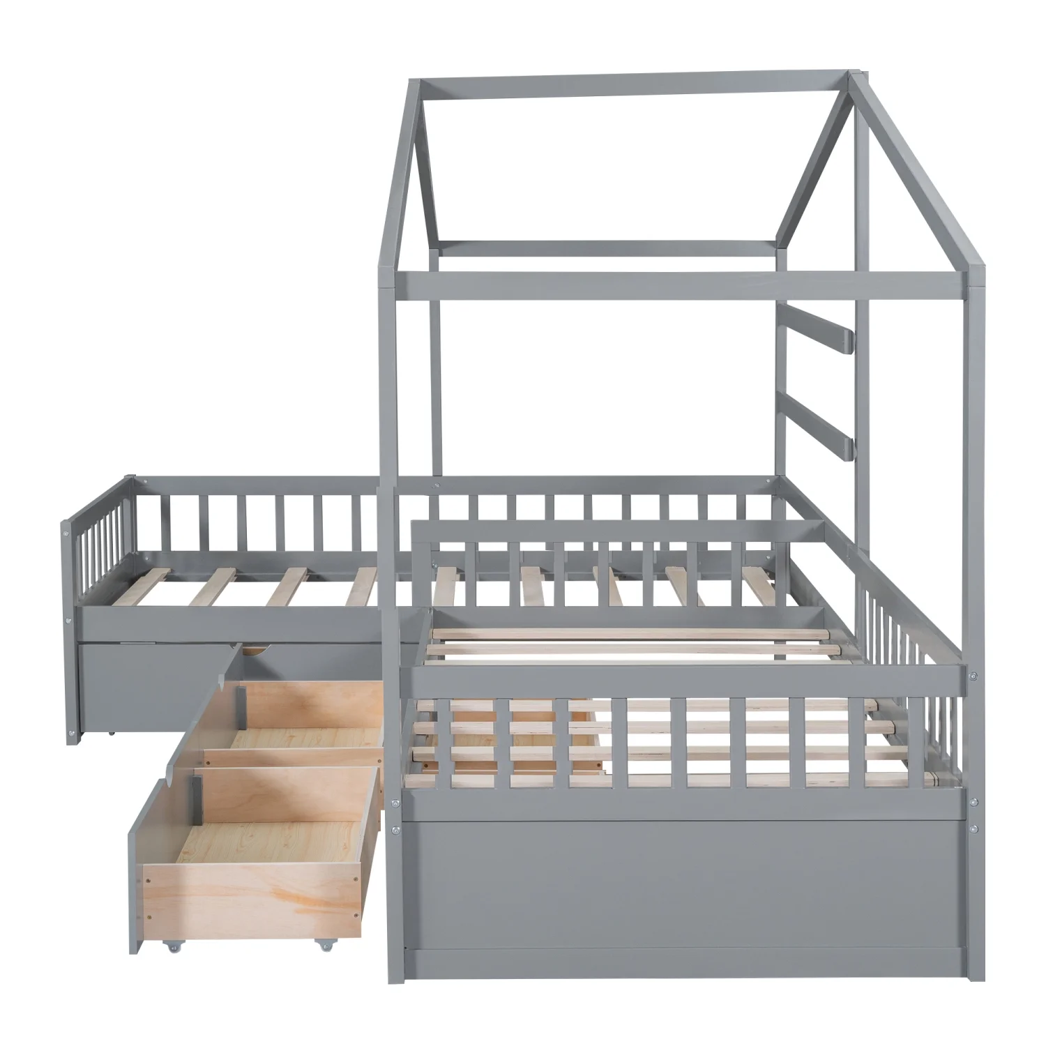 Churanty L Shaped Twin Bed for 2 Kids, Twin Size House Platform Bed with 3 Storage Drawers, Wood Double Twin Beds with Fence and Roof