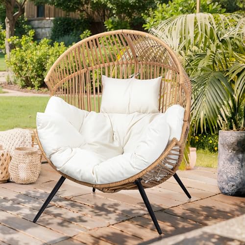 Vongrasig Outdoor Wicker Egg Chair PE Rattan Chair with Cushion, Oversized Patio Lounge Chair for Outdoor, Indoor, Balcony, Backyard, Garden, Black