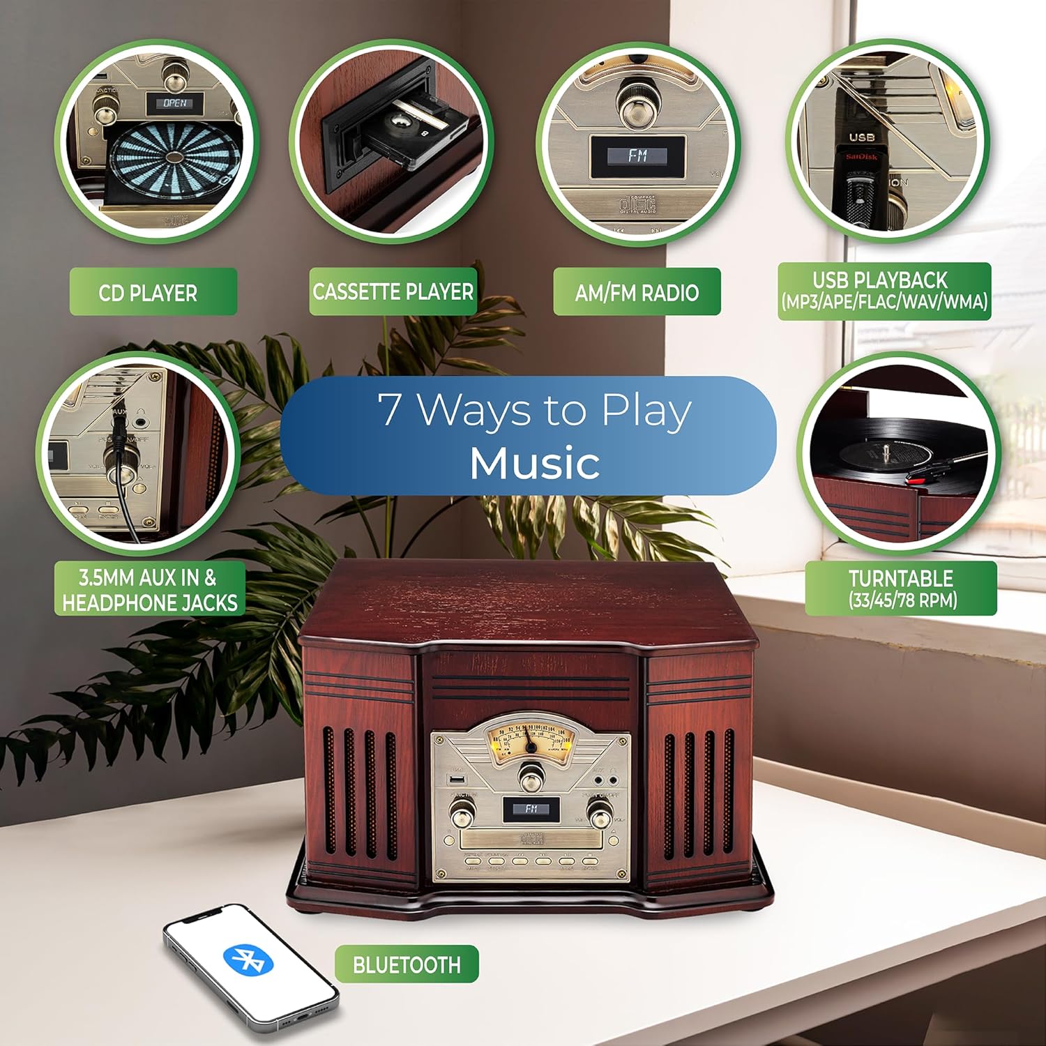 ClearClick All-in-One Turntable with 3-Speed Record Player, Bluetooth, CD, Cassette Tape, AM/FM Radio, Aux, USB, Built-in Speakers